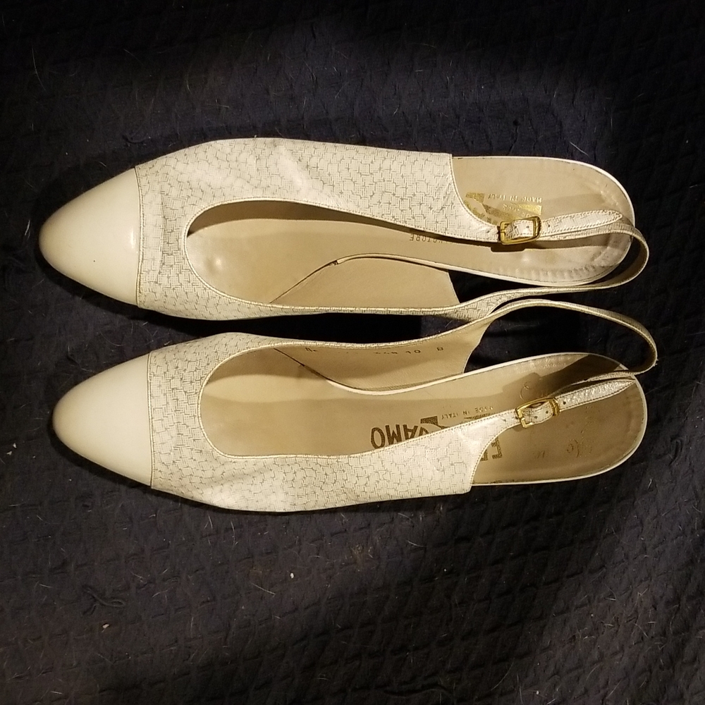 Beige with silver design slingback, Ferragamo